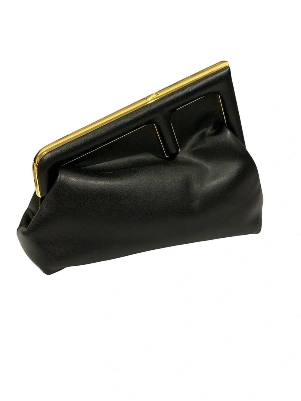 Black Frame-Top Leather Clutch with Gold Trim